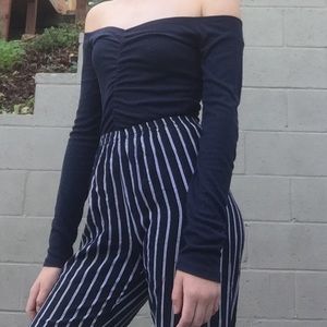 Ribbed knit navy blue off the shoulder top